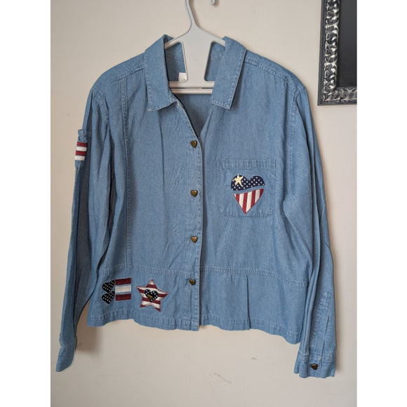 Vintage Christopher & Banks Blue Jean Jacket with Patriotic Patches, women's - Picture 2 of 7